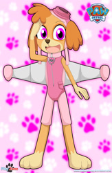 Size: 920x1412 | Tagged: safe, artist:playzone, skye (paw patrol), canine, cockapoo, dog, mammal, anthro, digitigrade anthro, nickelodeon, paw patrol, bag, black nose, clothes, collar, digital art, ears, female, fur, hat, jetpack, looking at you, multicolored fur, open mouth, open smile, pink eyes, simple background, smiling, smiling at you, solo, solo female, suit, tail, tan body, tan fur, two toned body, two toned fur