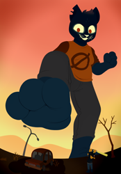 Size: 1600x2300 | Tagged: suggestive, artist:chocolatemoose, mae borowski (nitw), cat, feline, mammal, anthro, night in the woods, baseball bat, blue body, blue fur, bottomwear, car, clothes, colored sclera, crushing, duo, ears, foot fetish, fur, hand hold, holding, macro, no pupils, open mouth, pants, paws, red eyes, shirt, size difference, topwear, torn ear, underpaw, vehicle, whiskers, yellow nose, yellow sclera