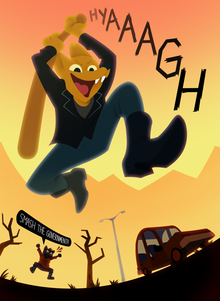 51666 - safe, artist:chocolatemoose, gregg lee (nitw), canine, fox, mammal,  anthro, night in the woods, baseball bat, bottomwear, car, clothes,  destruction, duo, jacket, jumping, macro, open mouth, pants, shoes,  shouting, solo focus,