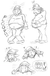 Size: 853x1280 | Tagged: safe, artist:ealadubh, part of a set, animal humanoid, fictional species, human, mammal, womble, anthro, humanoid, :), big belly, bottomwear, clothes, fat, hand on ear, hand on face, hat, male, obese, pants, question mark, shoes, thought bubble, transformation, transformation sequence
