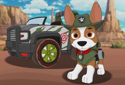 Size: 1280x868 | Tagged: safe, artist:skolpion, tracker (paw patrol), canine, chihuahua, dog, mammal, feral, nickelodeon, paw patrol, black nose, brown body, brown fur, clothes, collar, detailed background, digital art, ears, eyebrows, fur, hat, mad max (movie), male, multicolored fur, orange eyes, solo, solo male, two toned body, two toned fur, vehicle, white body, white fur