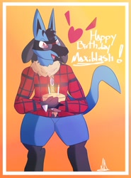 Size: 1832x2474 | Tagged: safe, artist:almaustral, fictional species, lucario, anthro, nintendo, pokémon, birthday, cake, candle, clothes, food, glasses, gradient background, heart, male, open mouth, signature, smiling, solo, solo male, tail