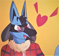 Size: 1085x1032 | Tagged: safe, alternate version, artist:almaustral, fictional species, lucario, anthro, nintendo, pokémon, bust, clothes, cropped, glasses, gradient background, heart, male, open mouth, smiling, solo, solo male, tail