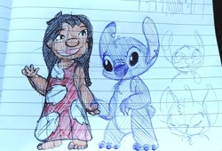 Size: 1060x720 | Tagged: safe, artist:heather0feather, lilo pelekai (lilo & stitch), stitch (lilo & stitch), alien, experiment (lilo & stitch), fictional species, human, mammal, semi-anthro, disney, lilo & stitch, 2020, 4 fingers, 4 toes, black eyes, black hair, blue body, blue claws, blue fur, blue nose, chest fluff, child, claws, clothes, duo, ears, female, fluff, fur, hair, hand hold, head fluff, holding, irl, male, muumuu, open mouth, open smile, photo, photographed artwork, short tail, smiling, standing, tail, torn ear, traditional art, young