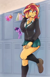 Size: 1304x2019 | Tagged: safe, artist:ambris, sunset shimmer (mlp), twilight sparkle (mlp), alicorn, equine, fictional species, human, mammal, pony, feral, equestria girls, friendship is magic, hasbro, my little pony, big breasts, blushing, book, bottomwear, breasts, cleavage, clothes, female, female/female, hand behind head, hand on leg, heart, human focus, implied shipping, jewelry, leaning against something, leaning back, lockers, necklace, necktie, not furry focus, plushie, pose, raised leg, school uniform, shipping, shoes, skirt, socks, sunsetsparkle (mlp)