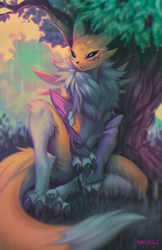 Size: 481x744 | Tagged: safe, artist:falvie, fictional species, mammal, renamon, anthro, digimon, ambiguous gender, fur, scenery, solo, solo ambiguous, tree