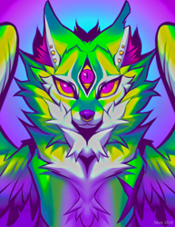 Size: 700x906 | Tagged: safe, artist:falvie, oc, oc:falvie, canine, mammal, feral, 2018, ambiguous gender, digital art, ear piercing, feathered wings, feathers, female, front view, fur, green body, green fur, nose piercing, nose ring, piercing, signature, simple background, solo, solo ambiguous, solo female, spread wings, three eyes, wings