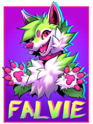 Size: 800x1067 | Tagged: safe, artist:falvie, oc, oc:falvie, canine, dog, mammal, anthro, badge, collar, female, fur, paw pads, paws, simple background, solo, solo female, underpaw