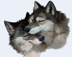 Size: 1021x815 | Tagged: safe, artist:falvie, canine, mammal, wolf, feral, ambiguous gender, duo, fur, nuzzling, simple background