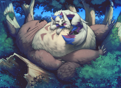 Size: 1200x873 | Tagged: safe, artist:falvie, totoro (my neighbor totoro), canine, mammal, wolf, feral, semi-anthro, my neighbor totoro, studio ghibli, ambiguous gender, duo, forest, fur, log, male, size difference, sleeping