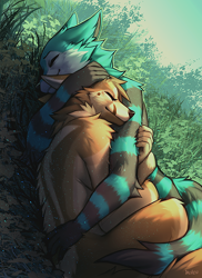 Size: 600x825 | Tagged: safe, artist:falvie, canine, mammal, wolf, anthro, ambiguous gender, cuddling, duo, fur, grass, hug, scenery
