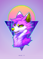 Size: 600x825 | Tagged: safe, artist:falvie, canine, mammal, wolf, ambiguous form, ambiguous gender, ears, fur, looking at you, pink body, pink fur, simple background, solo, solo ambiguous, synthwave sun, vaporwave