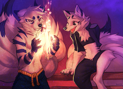 Size: 1089x792 | Tagged: safe, artist:falvie, canine, fictional species, fox, kitsune, mammal, anthro, ambiguous gender, clothes, duo, fire, fur, indoors, magic, male, multiple tails, scenery, tail