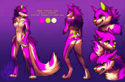 Size: 900x588 | Tagged: safe, artist:falvie, oc, oc only, oc:tsukika lynn, aardwolf, canine, fictional species, fionbri, hybrid, hyena, mammal, wolf, anthro, digitigrade anthro, big tail, breasts, butt fluff, character name, cheek fluff, chest fluff, color palette, cream body, cream fur, featureless breasts, female, fluff, front view, fur, gradient background, green body, green fur, green nose, gritted teeth, magenta body, magenta fur, reference sheet, shoulder fluff, simple background, solo, solo female, standing, tail, tail fluff, teeth, watermark