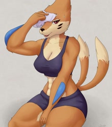 Size: 1125x1280 | Tagged: suggestive, artist:cooliehigh, buizel, fictional species, mammal, anthro, nintendo, pokémon, 2018, big breasts, bottomwear, breasts, cleavage, clothes, crop top, fangs, female, lidded eyes, looking at you, multiple tails, red eyes, sharp teeth, shorts, smiling, solo, solo female, sweat, tail, teeth, topwear