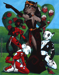 Size: 552x700 | Tagged: safe, artist:frank gembeck, queen of hearts (disney's alice in wonderland), big cat, black panther, canine, feline, mammal, mouse, rodent, anthro, alice in wonderland (1951), disney, 2003, abs, angry, belly button, black body, black fur, blue eyes, choker, clothes, cosplay, crossdressing, crown, dress, eyebrows, eyes closed, femboy, flower, fur, gloves, gray body, gray fur, hair, jewelry, male, males only, muscles, paint, paintbrush, regalia, rose, signature, teeth, traditional art, twink, white body, white fur