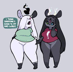 Size: 1229x1209 | Tagged: species needed, safe, artist:eerieviolet, oc, oc:winter (eerieviolet), anthro, after vore, black body, dialogue, ears, female, hair, horns, magic, magic aura, slightly chubby, talking, text, thick thighs, thighs, weight gain, white body, wide hips