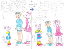 Size: 2226x1700 | Tagged: safe, artist:jose-ramiro, angelina mouseling (angelina ballerina), polly mouseling (angelina ballerina), mammal, mouse, rodent, anthro, angelina ballerina (series), angelina ballerina: the next steps, age regression, alice nimbletoes (angelina ballerina), dialogue, speech bubble, talking, traditional art