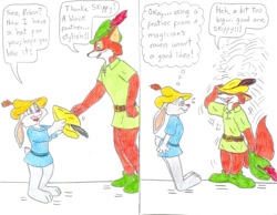 Size: 1096x850 | Tagged: safe, artist:jose-ramiro, robin hood (robin hood), skippy (robin hood), canine, fox, lagomorph, mammal, rabbit, red fox, anthro, plantigrade anthro, disney, robin hood (disney), age regression, belt, clothes, dialogue, duo, duo male, feather, floppy ears, hat, male, males only, shoes, speech bubble, talking, thought bubble, traditional art