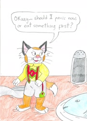 Size: 1691x2340 | Tagged: safe, artist:jose-ramiro, huckle cat (richard scarry), cat, feline, mammal, anthro, the busy world of richard scarry, micro, solo, tail, traditional art, wat
