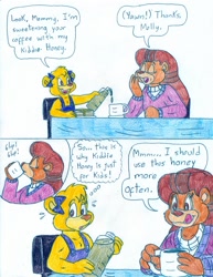 Size: 850x1099 | Tagged: safe, artist:jose-ramiro, molly cunningham (talespin), rebecca cunningham (talespin), bear, mammal, anthro, disney, talespin, age regression, dialogue, duo, duo female, female, females only, speech bubble, talking, traditional art