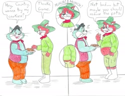 Size: 2217x1700 | Tagged: safe, artist:jose-ramiro, country (cattanooga cats), cat, feline, mammal, anthro, cattanooga cats, hanna-barbera, dialogue, groove (cattanooga cats), speech bubble, talking, traditional art, weight gain
