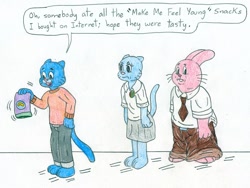 Size: 881x664 | Tagged: safe, artist:jose-ramiro, gumball watterson (tawog), nicole watterson (tawog), richard watterson (tawog), cat, feline, lagomorph, mammal, rabbit, anthro, plantigrade anthro, cartoon network, the amazing world of gumball, age regression, blue body, blue fur, bottomwear, clothes, father, father and child, father and son, female, fur, male, mother, mother and child, mother and son, necktie, pants, pink body, pink fur, skirt, son, standing, sweater, tail, topwear, traditional art, young