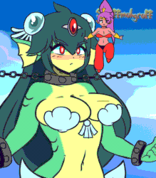Size: 1166x1333 | Tagged: suggestive, artist:scruffmuhgruff, giga mermaid (shantae), shantae (shantae), fictional species, fish, genie, human, hybrid, mammal, mermaid, humanoid, shantae (series), 2d, 2d animation, animated, belly button, big breasts, blinking, blushing, bottomwear, bouncing breasts, bracelet, breasts, chains, clothes, duo, duo female, ear fins, ears, eyebrow through hair, eyebrows, eyelashes, female, females only, fins, frame by frame, gif, green hair, hair, hair accessory, jewelry, jumping, long hair, marine, ocean, partial nudity, ponytail, purple hair, red eyes, restrained, restrained arms, shackles, topless, water