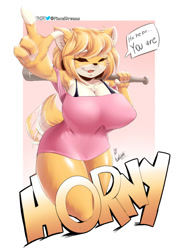 Size: 970x1371 | Tagged: suggestive, artist:viejillox, oc, oc:butterscotch the shiba inu, canine, dog, mammal, shiba inu, anthro, baseball bat, big breasts, border, breasts, cheek fluff, chest fluff, clothes, cute, cute little fangs, dialogue, dress, ear fluff, eyebrows, eyelashes, fangs, female, fingerless (marking), fluff, fur, hair, holding object, horny, horny jail, looking at you, open mouth, pointing, short hair, smiling, solo, solo female, speech bubble, tail, tail wag, talking, talking to viewer, teeth, text, white border, yellow body, yellow fur, yellow hair