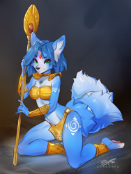 Size: 825x1100 | Tagged: safe, artist:dragonfu, krystal (star fox), canine, fox, mammal, anthro, digitigrade anthro, nintendo, star fox, anklet, black nose, blue body, blue fur, blue hair, body markings, breasts, clothes, dipstick tail, ear fluff, eye through hair, eyebrow through hair, eyebrows, eyelashes, female, fluff, fur, green eyes, hair, holding object, jewelry, kneeling, loincloth, looking at you, necklace, paw pads, paws, short hair, smiling, solo, solo female, staff, tail, tail fluff, tail jewelry, tail ring, topwear, vambraces, vixen, white body, white fur