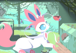 Size: 1280x892 | Tagged: safe, artist:hydrab, eeveelution, fictional species, mammal, sylveon, feral, nintendo, pokémon, blue eyes, female, fur, grass, lying down, lying on stomach, paw pads, paws, pink body, pink fur, poké ball, prone, solo, solo female, underpaw, white body, white fur