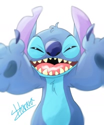 Size: 1378x1654 | Tagged: safe, artist:harara, stitch (lilo & stitch), alien, experiment (lilo & stitch), fictional species, semi-anthro, disney, lilo & stitch, 2017, black eyes, blue body, blue claws, blue fur, blue nose, chest fluff, claws, depth of field, ears, fluff, fur, happy, head fluff, looking at you, male, open mouth, open smile, reaching out to you, signature, smiling, solo, solo male, squint, teeth, torn ear