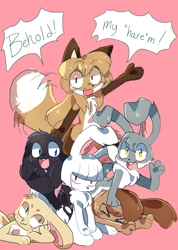 Size: 1600x2250 | Tagged: safe, artist:fiddleafox, oc, oc:averi (fiddleafox), canine, fox, lagomorph, mammal, rabbit, semi-anthro, 2020, 2d, angry, big tail, bipedal, bipedal leaning, black body, black fur, blue eyes, blush lines, blushing, brown body, brown fur, casual nudity, cheek fluff, chest fluff, closed mouth, closed smile, complete nudity, countershading, cute, cute little fangs, dialogue, digital art, dipstick tail, ear fluff, ears, english text, excited, fangs, female, fluff, fox ears, fur, gloves (arm marking), gray body, gray fur, green eyes, group, hair, hand paws, happy, harem, holding ear, leaning on another, leaning on elbow, long ears, long hair, long tail, looking at you, lying down, lying on the ground, multicolored fur, nudity, open mouth, open smile, paw on head, paws, pile, pink background, pointy ears, pun, rabbit ears, raised arm, red eyes, short tail, shoulder fluff, simple background, sitting, sitting on ground, smiling, smiling at you, socks (leg marking), speech bubble, spotted fur, tail, tail wag, talking, talking to viewer, teeth, text, two toned body, two toned fur, underpaw, vixen, white body, white fur, white tail tip, yellow eyes