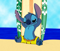Size: 702x600 | Tagged: safe, artist:quiet269, artist:weaselgrease, edit, stitch (lilo & stitch), alien, experiment (lilo & stitch), fictional species, semi-anthro, disney, lilo & stitch, 2015, 4 toes, beach, black eyes, blue body, blue fur, blue nose, blue paw pads, chest fluff, color edit, ears, fluff, fur, half-lidded eyes, hands behind head, head fluff, looking at you, male, nudity, outdoors, partial nudity, sitting, solo, solo male, surfboard, swimming trunks, topless, torn ear