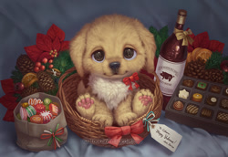 Size: 900x620 | Tagged: safe, artist:silverfox5213, canine, dog, golden retriever, mammal, feral, alcohol, ambiguous gender, basket, candy, chest fluff, chocolate, christmas, drink, fluff, food, gift, holiday, paw pads, paws, pinecone, solo, solo ambiguous, underpaw, wine