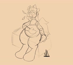 Size: 4096x3655 | Tagged: safe, artist:almaustral, oc, oc only, dinosaur, anthro, unguligrade anthro, breasts, brown background, featureless breasts, hooves, line art, male, monochrome, signature, simple background, sitting, slightly chubby, solo, solo male, tail