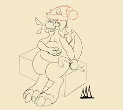 Size: 4096x3655 | Tagged: safe, artist:almaustral, oc, oc only, dinosaur, anthro, digitigrade anthro, brown background, candy cane, christmas, clothes, eyes closed, hat, holiday, line art, male, monochrome, santa hat, signature, simple background, sitting, slightly chubby, smiling, solo, solo male, tail