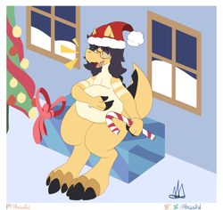 Size: 1280x1209 | Tagged: safe, alternate version, artist:almaustral, oc, oc only, dinosaur, anthro, digitigrade anthro, brown background, christmas, christmas tree, colored, conifer tree, holiday, indoors, male, signature, simple background, sitting, slightly chubby, solo, solo male, tail, tree
