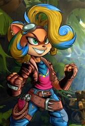 Size: 2268x3359 | Tagged: safe, artist:thecovenanrt, coco bandicoot (crash bandicoot), tawna bandicoot (crash bandicoot), bandicoot, mammal, marsupial, anthro, crash bandicoot (series), bottomwear, clothes, cosplay, female, goggles, high res, pants, smiling, solo, solo female