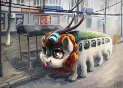 Size: 1056x757 | Tagged: safe, artist:nemo2d, autumn blaze (mlp), catbus (my neighbor totoro), equine, fictional species, kirin, mammal, feral, friendship is magic, hasbro, my little pony, my neighbor totoro, studio ghibli, 2019, adorawat, bus, city, crossover, cute, female, horn, not salmon, solo, solo female, tongue, tongue out, wat