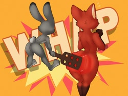 Size: 1200x900 | Tagged: suggestive, artist:dracojayco, judy hopps (zootopia), nick wilde (zootopia), canine, fox, lagomorph, mammal, rabbit, red fox, anthro, disney, zootopia, abstract background, big butt, butt, duo, ears, female, fur, gray body, gray fur, male, male/female, multicolored fur, nudity, onomatopoeia, orange background, orange body, orange fur, paddle, pain, rear view, red butt, shipping, simple background, spanking, text, two toned body, two toned fur, wildehopps (zootopia)