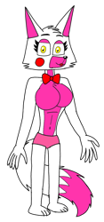 Size: 720x1544 | Tagged: safe, artist:fxmaf, mangle (fnaf), canine, fox, mammal, anthro, plantigrade anthro, five nights at freddy's, 5 fingers, belly button, big breasts, breasts, chest fluff, cleavage, dipstick tail, featureless breasts, female, fluff, fur, lidded eyes, looking at you, makeup, pink body, pink fur, solo, solo female, tail, vixen, white body, white fur, yellow eyes