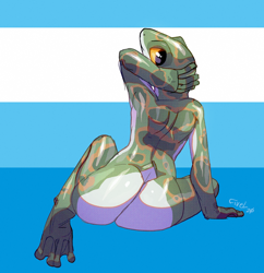 Size: 1000x1033 | Tagged: suggestive, artist:fivel, amphibian, frog, anthro, ambiguous gender, butt, looking at you, looking back, looking back at you