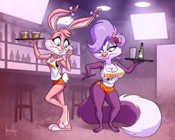 Size: 1280x1024 | Tagged: safe, artist:birchly, babs bunny (tiny toon adventures), fifi la fume (tiny toon adventures), lagomorph, mammal, rabbit, skunk, anthro, hooters, tiny toon adventures, warner brothers, alcohol, beer, big breasts, blue eyes, blushing, bottle, bottomwear, breasts, cleavage, clothes, drink, duo, duo female, ears, female, females only, fur, glass, hooters outfit, indoors, panties, paws, pink body, pink fur, purple body, purple fur, ribbon, serving tray, shorts, tail, tank top, topwear, torn clothes, tray, underwear, wardrobe malfunction