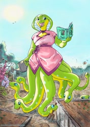 Size: 751x1063 | Tagged: safe, artist:silkyfangs, oc, oc:sylene, reptile, snake, anthro, book, clothes, dress, female, flower, garden, gardening, solo, solo female, watering can