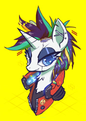 Size: 1414x2000 | Tagged: safe, artist:sat_v12, rarity (mlp), equine, fictional species, mammal, pony, unicorn, feral, cd projekt red, cyberpunk 2077, friendship is magic, hasbro, my little pony, blue eyes, clothes, cyberpunk, ear piercing, female, fluff, jacket, looking at you, neck fluff, piercing, smiling, solo, solo female, topwear