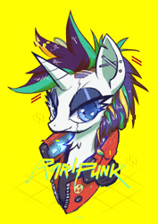 Size: 1414x2000 | Tagged: safe, alternate version, artist:sat_v12, rarity (mlp), equine, fictional species, mammal, pony, unicorn, feral, cd projekt red, cyberpunk 2077, friendship is magic, hasbro, my little pony, blue eyes, clothes, cyberpunk, ear piercing, female, fluff, jacket, looking at you, neck fluff, piercing, smiling, solo, solo female, topwear