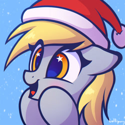 Size: 1000x1000 | Tagged: safe, artist:lollipony, derpy hooves (mlp), equine, fictional species, mammal, pegasus, pony, feral, friendship is magic, hasbro, my little pony, amber eyes, christmas, clothes, female, happy, hat, holiday, santa hat, smiling, solo, solo female, sparkles, starry eyes, wingding eyes