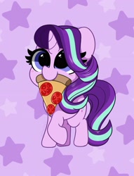Size: 2171x2845 | Tagged: safe, artist:itskittyrosie, starlight glimmer (mlp), equine, fictional species, mammal, pony, unicorn, feral, friendship is magic, hasbro, my little pony, blue eyes, female, food, high res, holding, mouth hold, pizza, pizza slice, solo, solo female