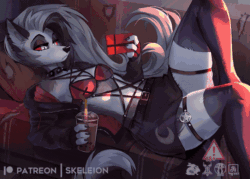 Size: 708x508 | Tagged: suggestive, alternate version, artist:skeleion, loona (vivzmind), canine, fictional species, hellhound, mammal, anthro, hazbin hotel, helluva boss, 2020, animated, armpits, big tail, bottomwear, breasts, bubble tea, cell phone, clothes, collar, colored sclera, couch, digital art, drink, drinking, ear piercing, earring, ears, eyebrows, eyelashes, female, fingerless gloves, fluff, fur, gif, gloves, goth, gray body, gray fur, hair, harness, indoors, jacket, lingerie, long hair, looking at you, makeup, multicolored fur, nails, panties, panty shot, pentagram, phone, piercing, pillow, punk, red sclera, sexy, shoulder fluff, skirt, smartphone, solo, solo female, spiked collar, tack, tail, tail fluff, topwear, two toned body, two toned fur, underwear, white body, white eyes, white fur, white hair